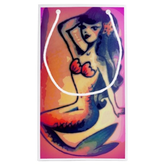 黒っぽい髪の人魚の美しい スモールペーパーバッグ (裏面)