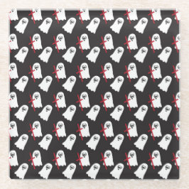 黒で小さな白い幽霊 ガラスコースター