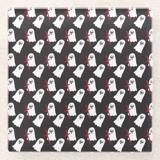 黒で小さな白い幽霊 ガラスコースター (正面)