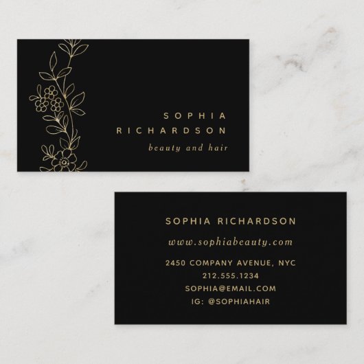 黒で植物のエレガントでフェイクな金ゴールド 名刺 (正面/裏面)