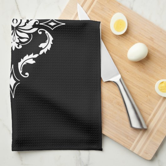 黒で白いダイヤモンドのダマスク織 キッチンタオル (四つ折り)