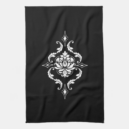 黒で白いダイヤモンドのダマスク織 キッチンタオル (縦)