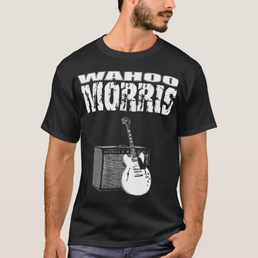 黒で白いWahoo Morris T: ギター及びAmp Tシャツ (正面)