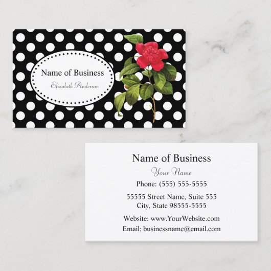 黒とはっきりした白の水玉模様シックレッドカメリア 名刺 (正面/裏面)