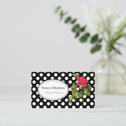 黒とはっきりした白の水玉模様シックレッドカメリア 名刺 (スタンド正面)