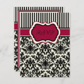 黒とアイボリーと赤のストライプのダマスク柄 RSVP カード (正面/裏面)