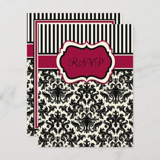黒とアイボリーと赤のストライプのダマスク柄 RSVP カード (正面/裏面)