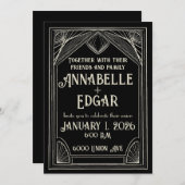 黒とアイボリーのアールデコ結婚の 招待状 (正面/裏面)