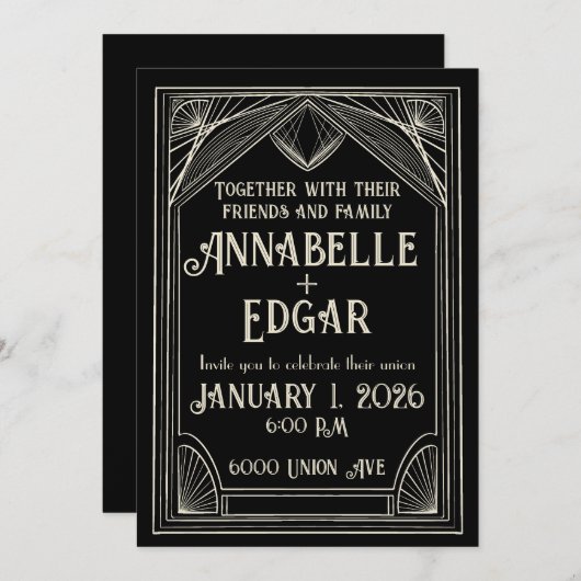 黒とアイボリーのアールデコ結婚の 招待状 (正面/裏面)