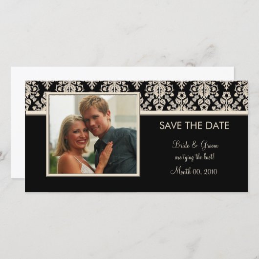 黒とアイボリーのダマスク日付の写真カードを保存 セーブザデート (正面/裏面)