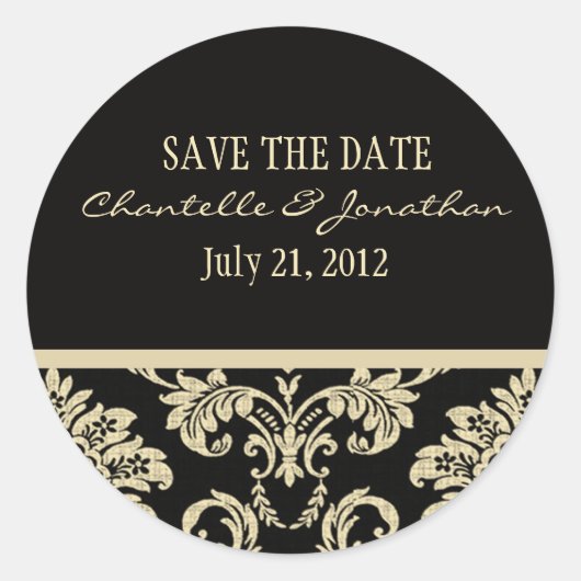 黒とアイボリーのダマスコウェディングステッカー ラウンドシール (正面)