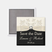 黒とアイボリーのフローラ日付磁石を保存 マグネット (正面/裏面)