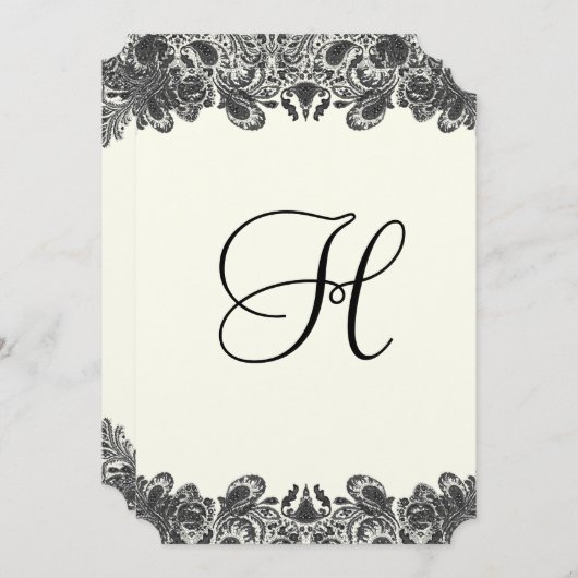 黒とアイボリーのペイズリー結婚式招待状 招待状 (正面/裏面)