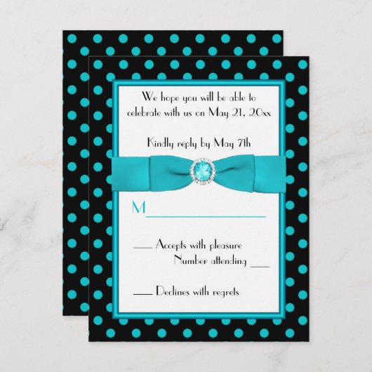 黒とアクアの水玉模様返信カード 招待状 (正面/裏面)