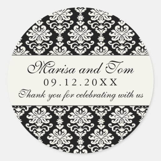 黒とエレガントアイボリーダマスクウェディングモノグラム ラウンドシール (正面)