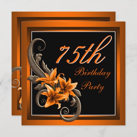 黒とエレガントオレンジのタイガーリリー誕生日パーティー 招待状 (正面/裏面)