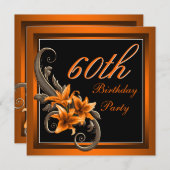 黒とエレガントオレンジのタイガーリリー誕生日パーティー 招待状 (正面/裏面)