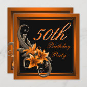 黒とエレガントオレンジのタイガーリリー誕生日パーティー 招待状 (正面/裏面)