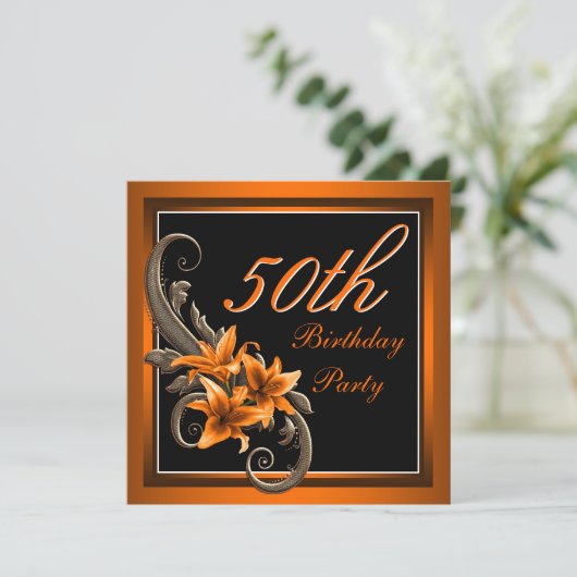 黒とエレガントオレンジのタイガーリリー誕生日パーティー 招待状 (スタンド正面)