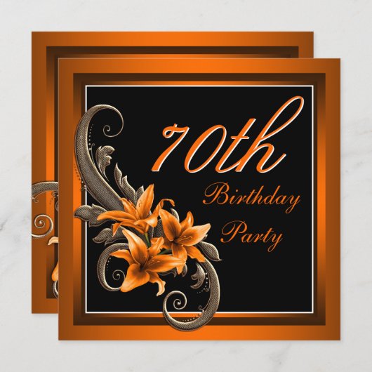 黒とエレガントオレンジのタイガーリリー誕生日パーティー 招待状 (正面/裏面)
