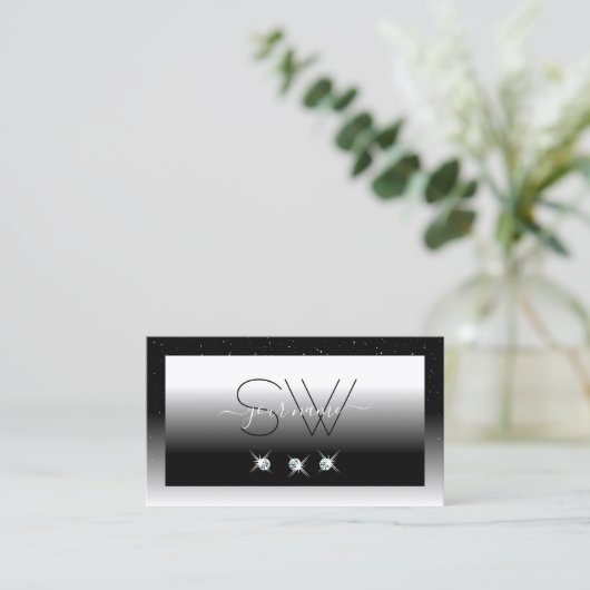 黒とエレガント白のスパークルダイヤモンドイニシャル 名刺 (スタンド正面)