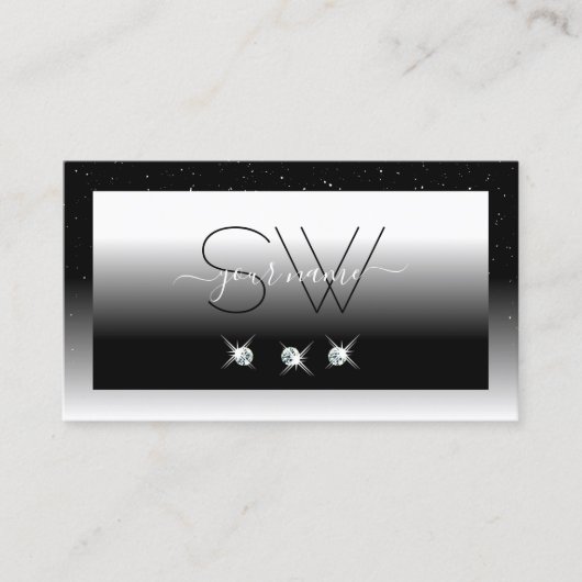 黒とエレガント白のスパークルダイヤモンドイニシャル 名刺 (正面)