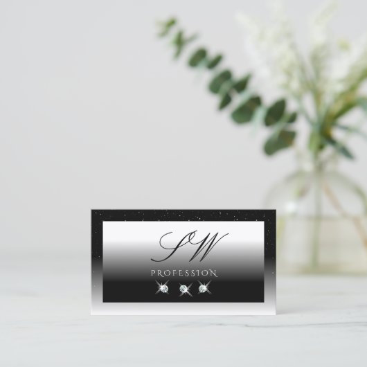 黒とエレガント白のスパークルダイヤモンドモノグラム 名刺 (スタンド正面)