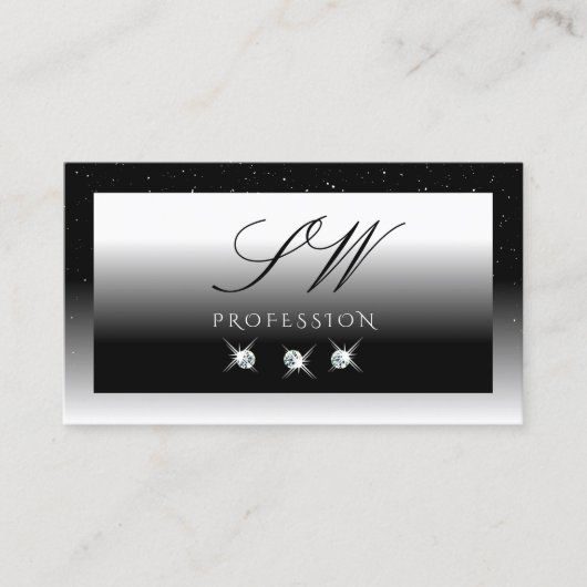 黒とエレガント白のスパークルダイヤモンドモノグラム 名刺 (正面)