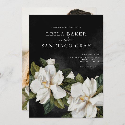 黒とエレガント白のマグノリア結婚式の招待 (正面/裏面)
