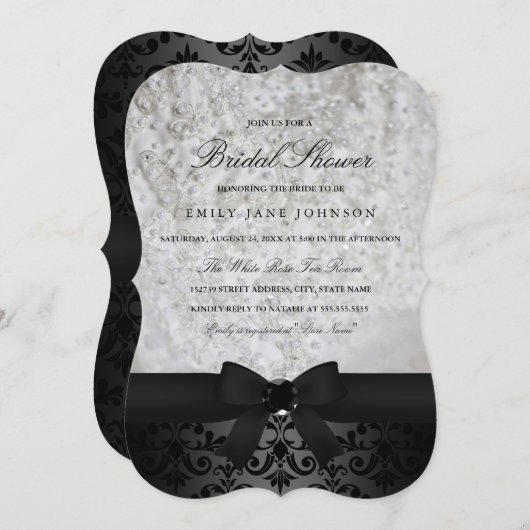 黒とエレガント白の弓ブライダルシャワーの招待 招待状 (正面/裏面)