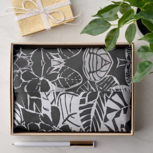 黒とエレガント白の様式化された花と葉 薄葉紙 (ギフト)