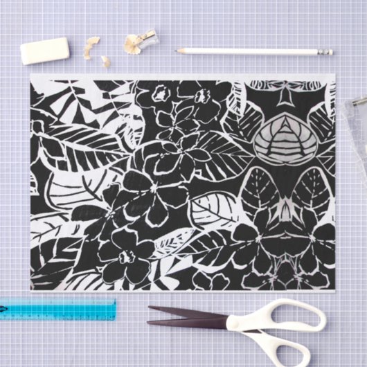 黒とエレガント白の様式化された花と葉 薄葉紙 (クラフト)