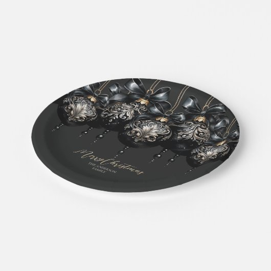 黒とエレガント金ゴールドが豪華なクリスマス ペーパープレート (アングル)