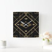 黒とエレガント金ゴールドのアートのデコ スクエア壁時計 (ホーム)
