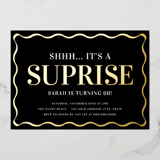 黒とエレガント金ゴールドのサプライズ誕生日パーティー 箔招待状 (正面)