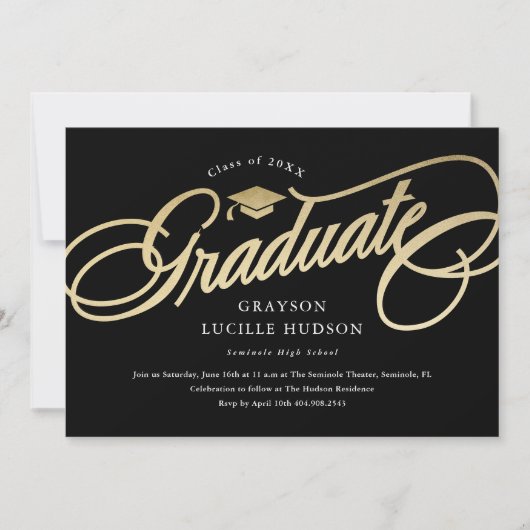 黒とエレガント金ゴールドのスクリプト写真の卒業 招待状 (正面)