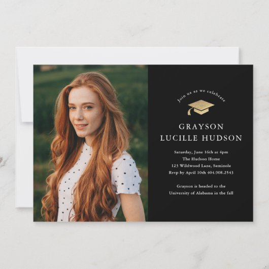 黒とエレガント金ゴールドのスクリプト写真の卒業 招待状 (裏面)