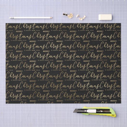黒とエレガント金ゴールドのスクリプトMerry Christmas 薄葉紙 (クラフト)