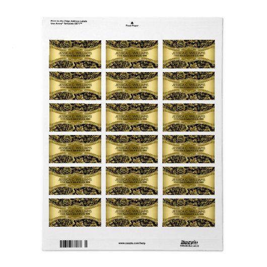 黒とエレガント金ゴールドのダマスクと光沢のあるテクスチャ ラベル (フルシート)