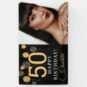 黒とエレガント金ゴールドのバルーン写真の誕生日パーティー 横断幕 (縦)