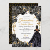 黒とエレガント金ゴールドのフローラキンセアニェラ・インビタティ 招待状 (正面/裏面)