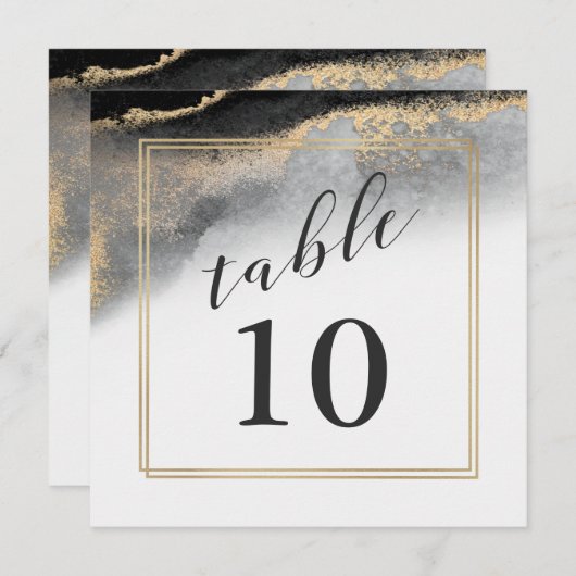 黒とエレガント金ゴールドの大理石のテーブル番号 招待状 (正面/裏面)