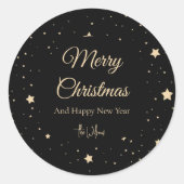 黒とエレガント金ゴールドの星空の夜のクリスマス ラウンドシール (正面)