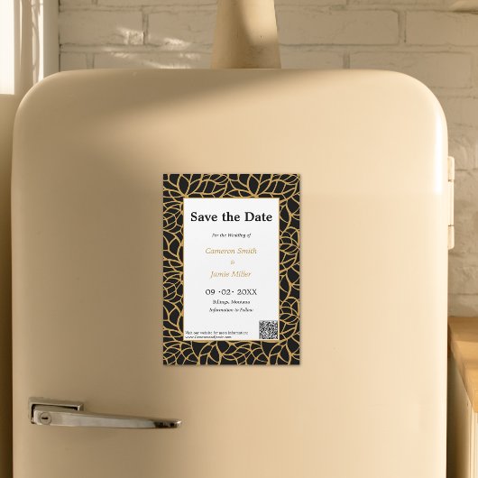 黒とエレガント金ゴールドの葉のアウトラインの保存 マグネット招待状