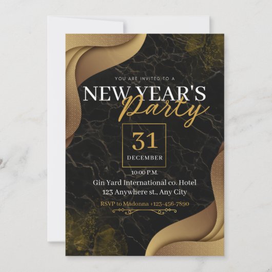 黒とエレガント金ゴールドカスタムの新年パーティー 招待状 (正面)