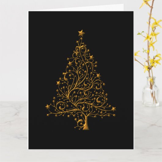 黒とエレガント金ゴールドクリスマスツリーのクリスマス カード (黄色い花)