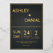 黒とエレガント金ゴールドシンプルモダン結婚の 箔招待状 (正面)