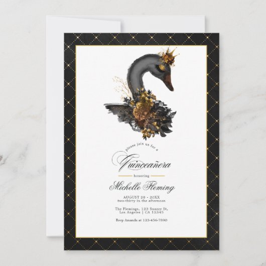黒とエレガント金ゴールドスワンQuinceaenera写真 招待状 (正面)