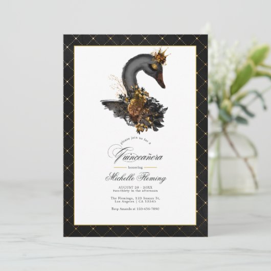 黒とエレガント金ゴールドスワンQuinceaenera写真 招待状 (スタンド正面)