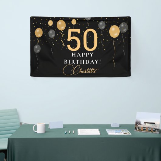 黒とエレガント金ゴールドバルーン誕生日パーティー年齢 横断幕 (トレードショー)